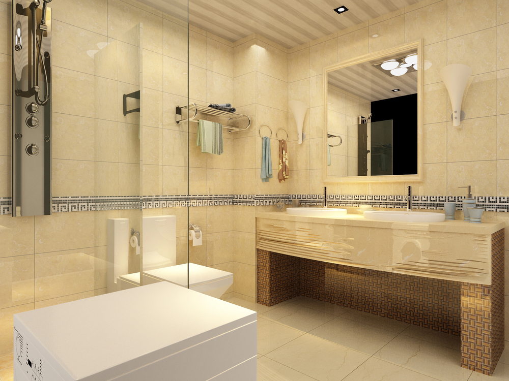 Modern bathroom with beige tiled walls, a double sink vanity, a glass shower enclosure, wall-mounted mirrors, and neatly hung towels.